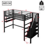Loft Bed 90x200cm Storage Ladder Shelves Railing - Black