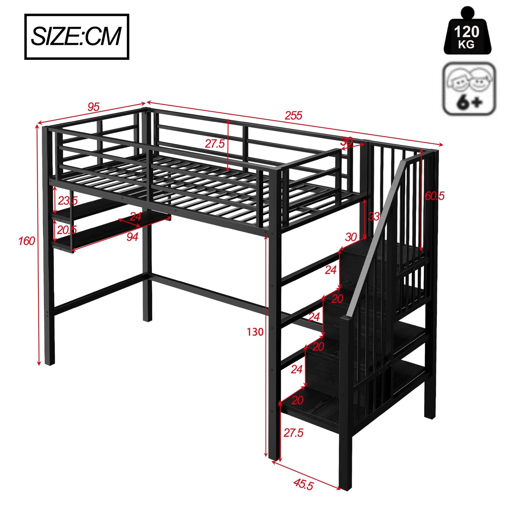 Loft Bed 90x200cm Storage Ladder Shelves Railing - Black