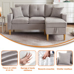 L-Shaped Sofa, 3-Seater with Chaise, Storage, Cup Holder, 2 Pillows