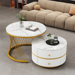 Coffee Table Set Nesting 2-Piece Round Marble Look, 2 Drawers, White