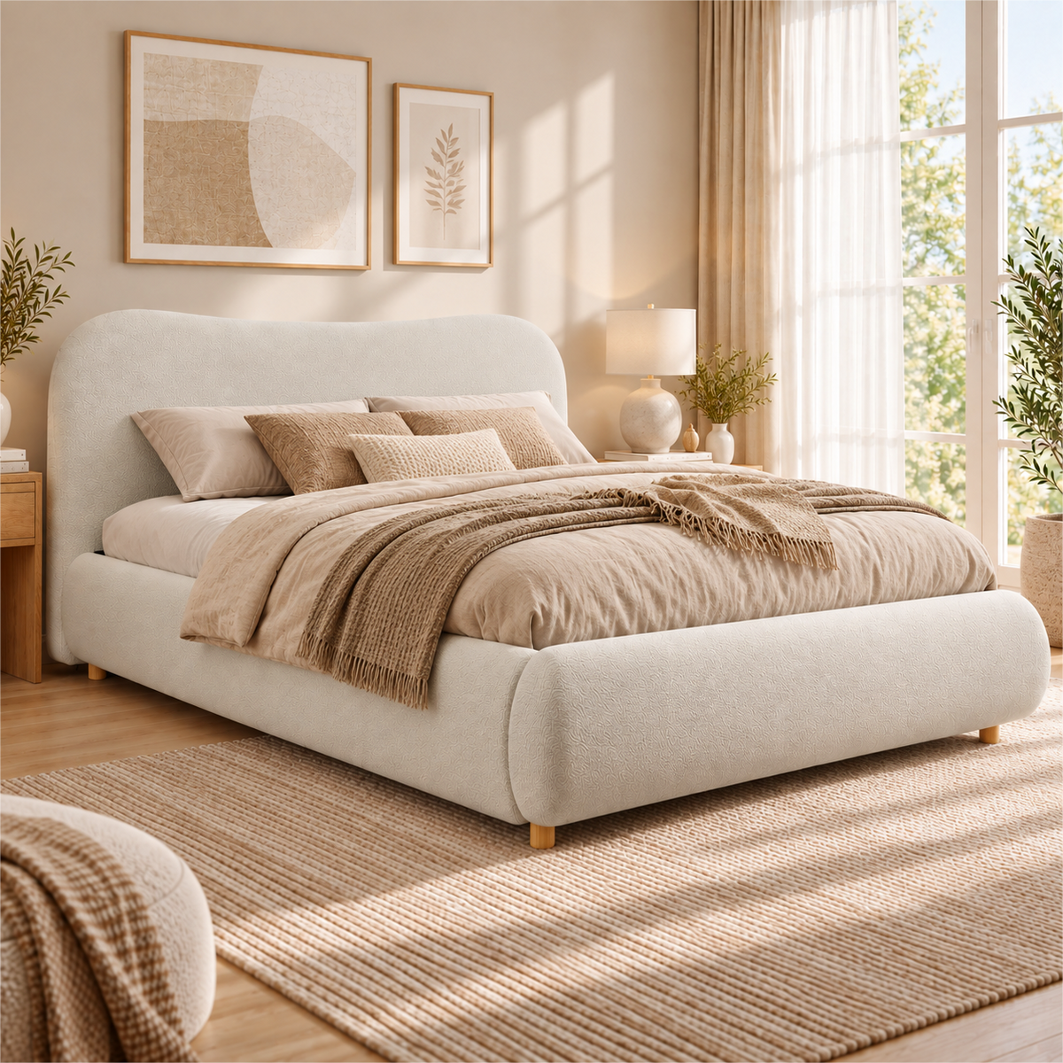 Upholstered Double Bed 180x200cm with Storage, White Bouclé