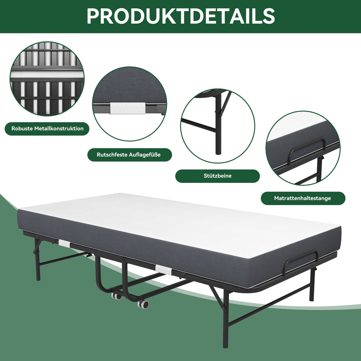 Folding Twin Bed, 190x96cm 9.5cm Memory Foam Mattress, Metal Frame