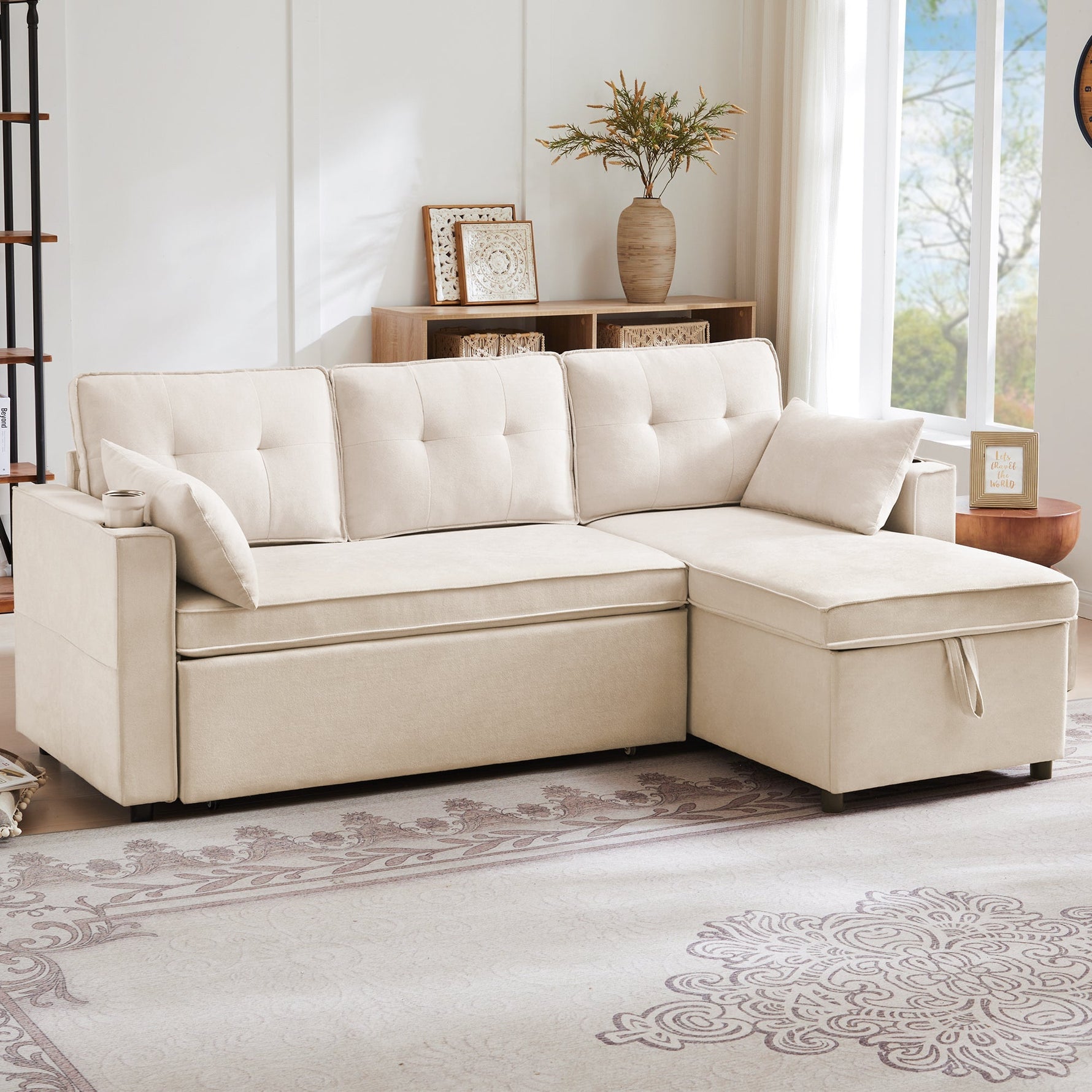 Sofa Bed L-Shaped Sleeping Function Storage Cup Holder Upholstered