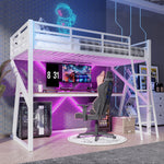 Loft Bed 90x200cm with Desk, LED & Stairs, White Iron Frame