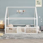 Flatbed Metal Bed 140x200cm with House Trim & Railing - White