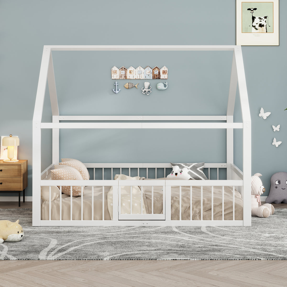 Flatbed Metal Bed 140x200cm with House Trim & Railing - White