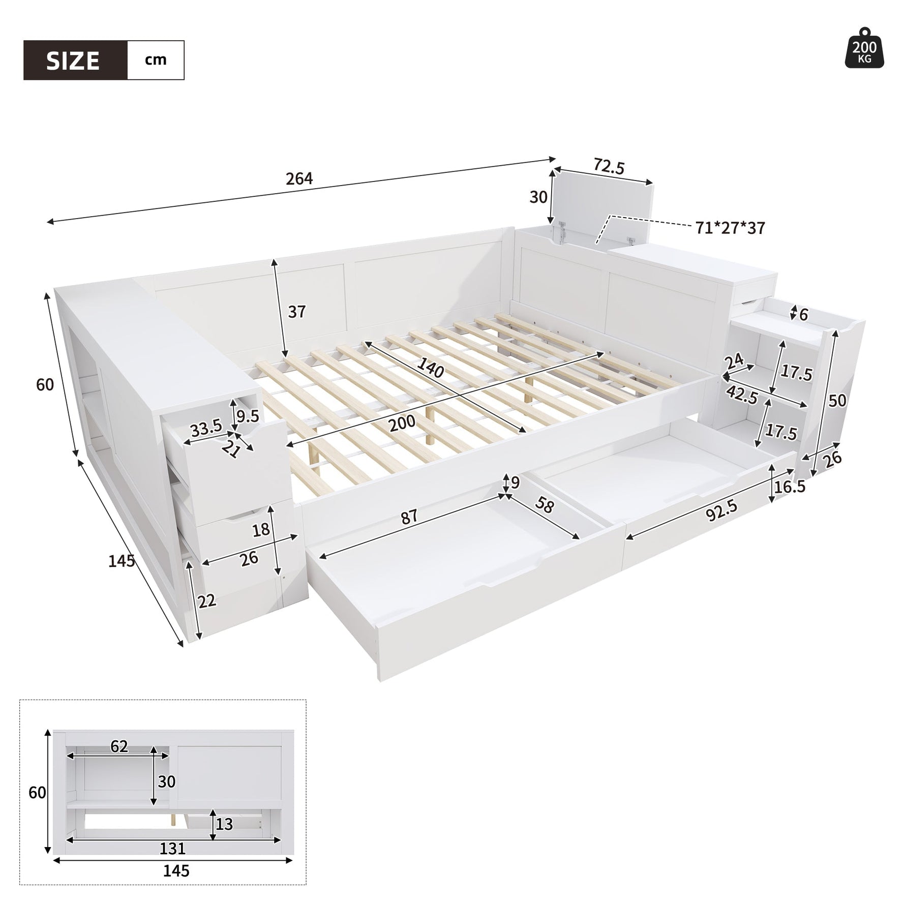 Multifunctional Storage Daybed with Drawers, Shelves and Bedside Tables, 140x200cm, White Wood