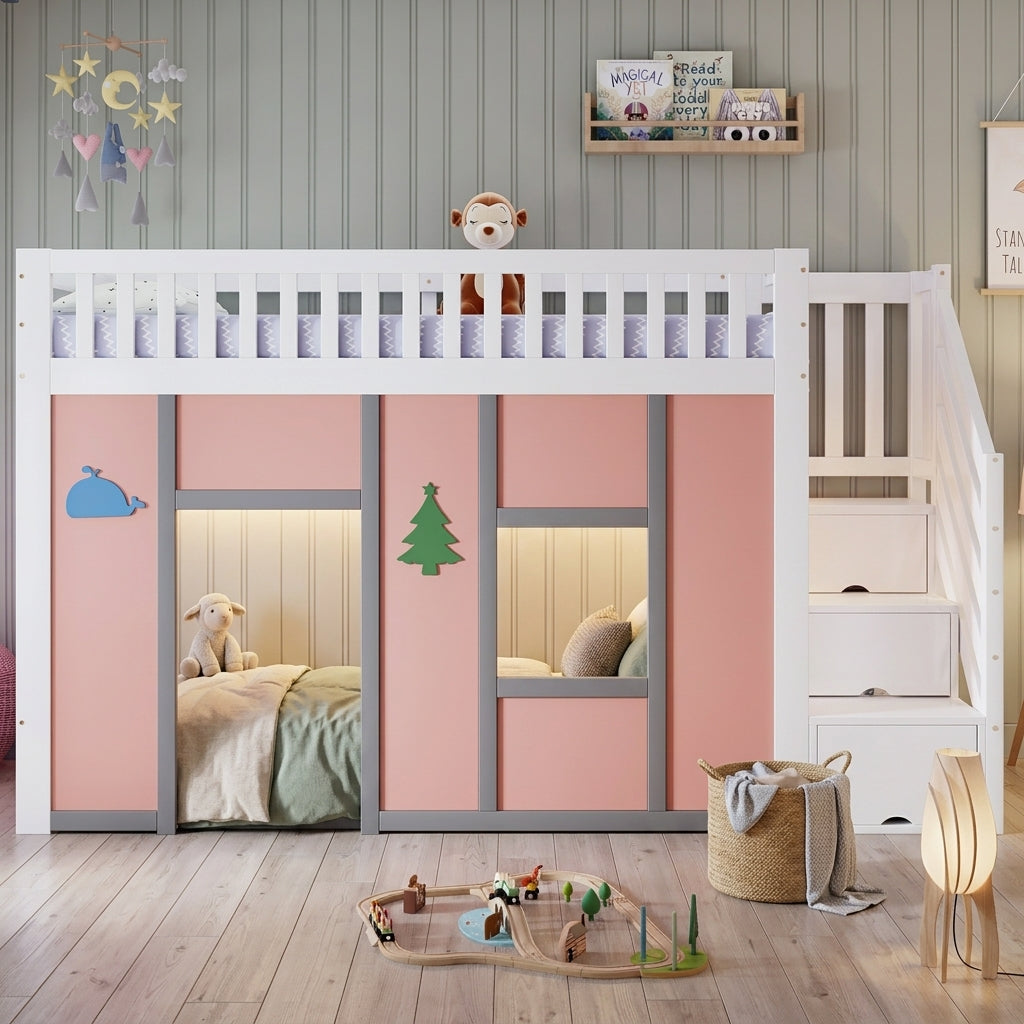 Children's Loft Bed 90x200 cm with Storage Stairs in White & Pink