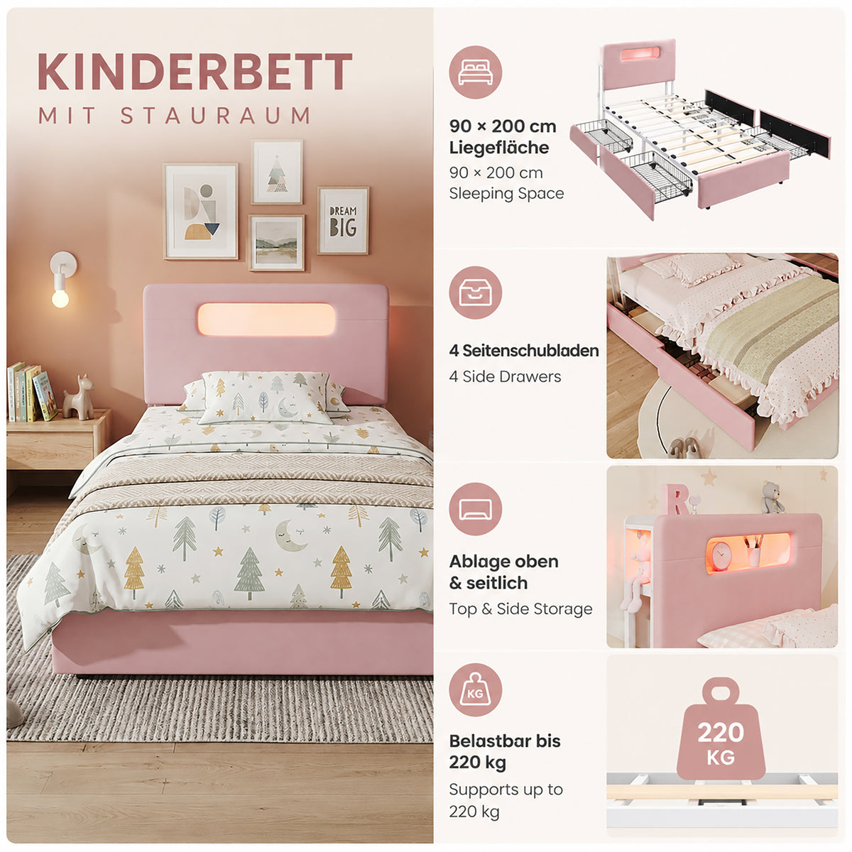 Children's Upholstered Bed 90x200cm with 4 Drawers & LED, Pink