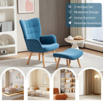 Armchair with Stool, Wingback High Back Tufted Lounge, Blue Corduroy