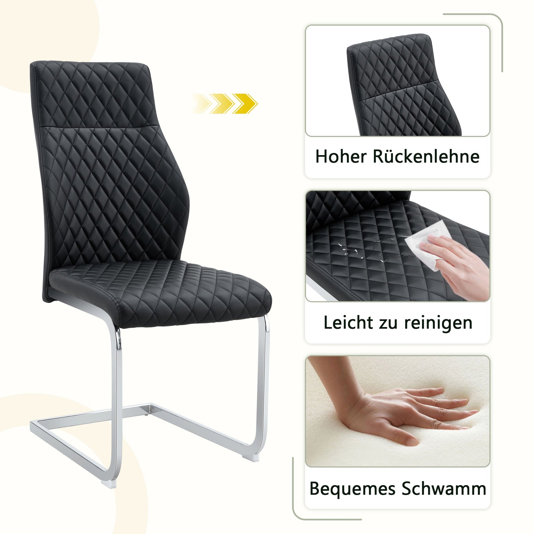 Dining Chair Set of 2, High Backrest and Padded Seat with Metal Frame, Black Diamond Pattern