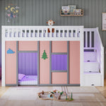 Children's Loft Bed 90x200 cm with Storage Stairs in White & Pink