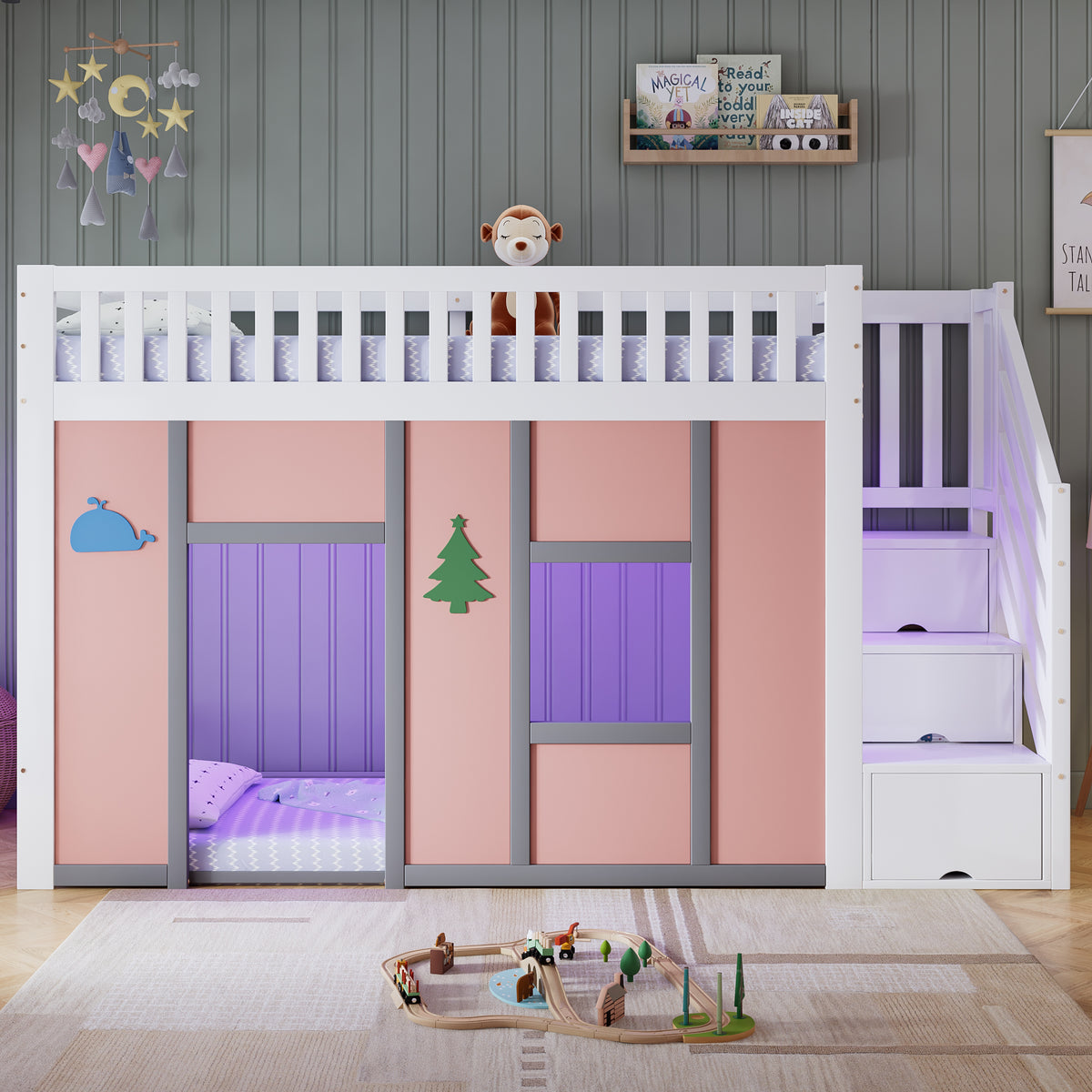 Children's Loft Bed 90x200 cm with Storage Stairs in White & Pink