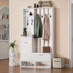 6-in-1 Coat Rack Shoe Cabinet, 8 Hooks, Shoe Bench, Compact Wardrobe Drawers/Shelves, White
