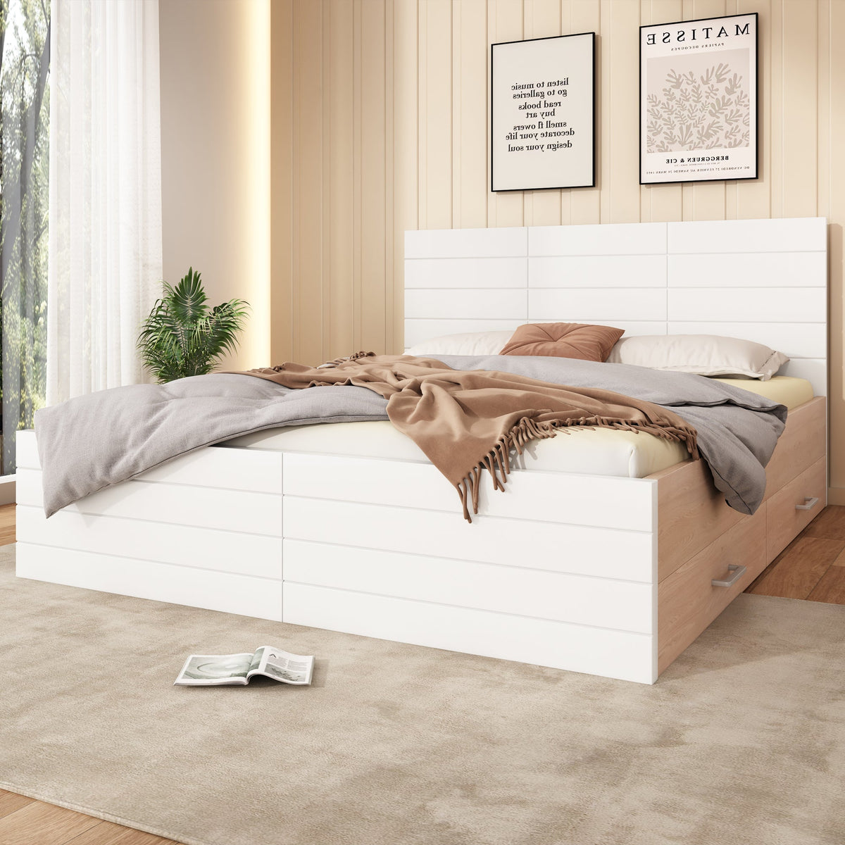 Double Wooden Bed, 140x200cm with 2 Drawers, Oak/White