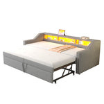 Upholstered Sofa Bed, Pull-Out with Storage, LED & USB, Light Grey