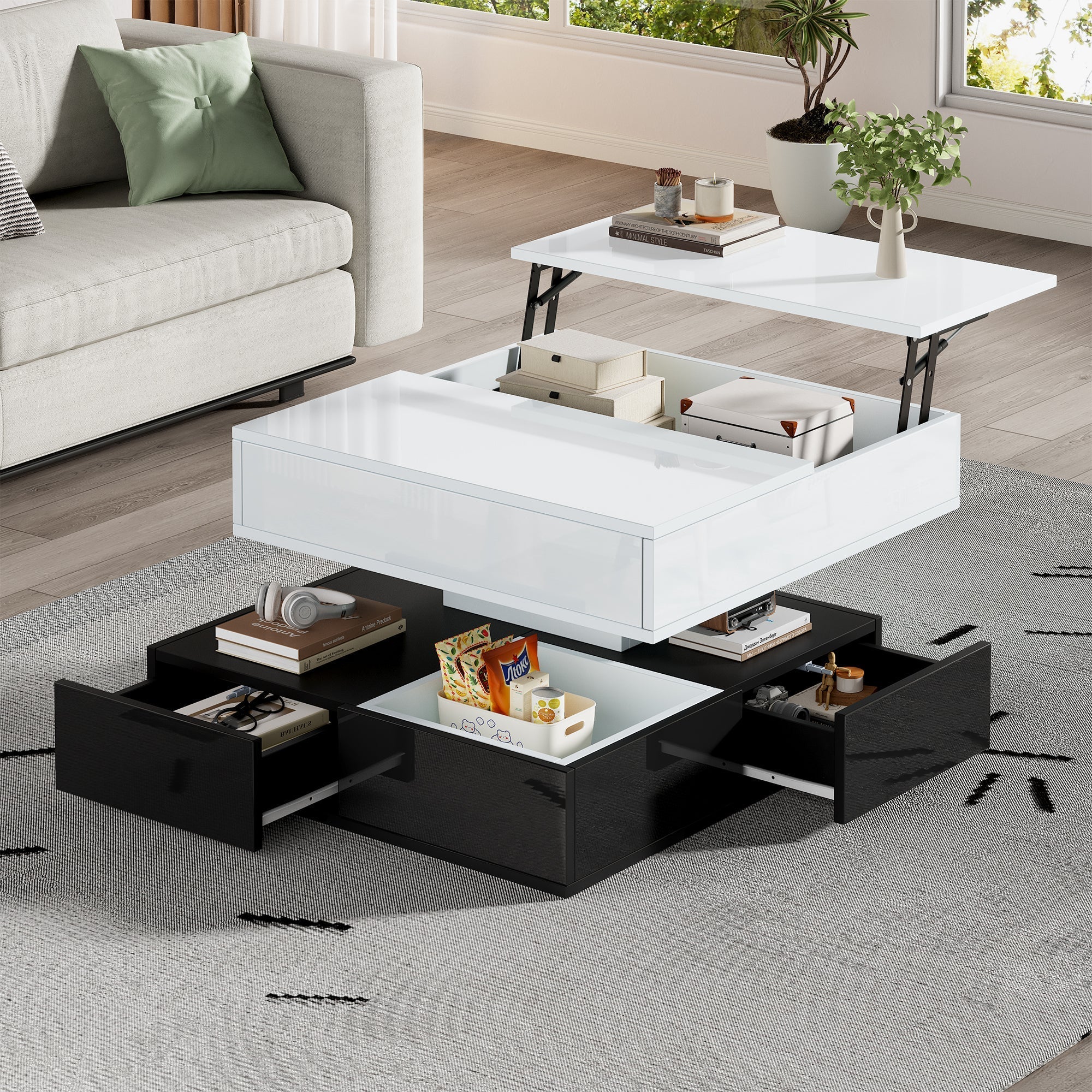 Coffee Table, 360° Rotating Top, 3 Drawers, Liftable, White & Black