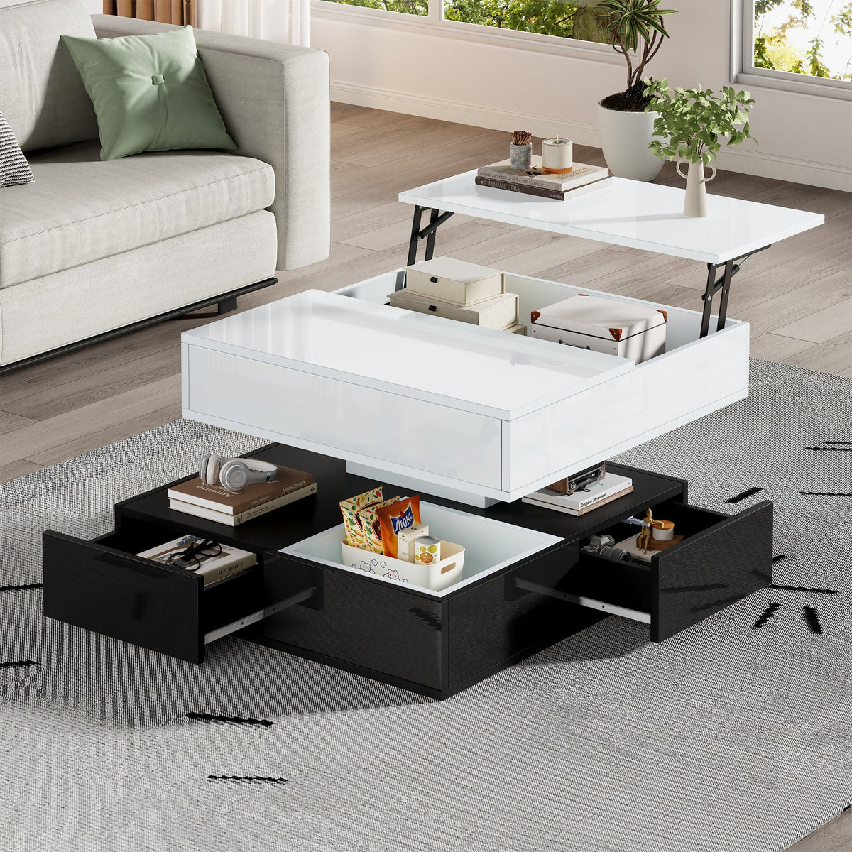 Coffee Table, 360° Rotating Top, 3 Drawers, Liftable, White & Black