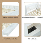 Double Bed Panel Headboard Storage Lights USB Cabinets Drawers Pine+Chipboard+MDF, White, 140x200cm