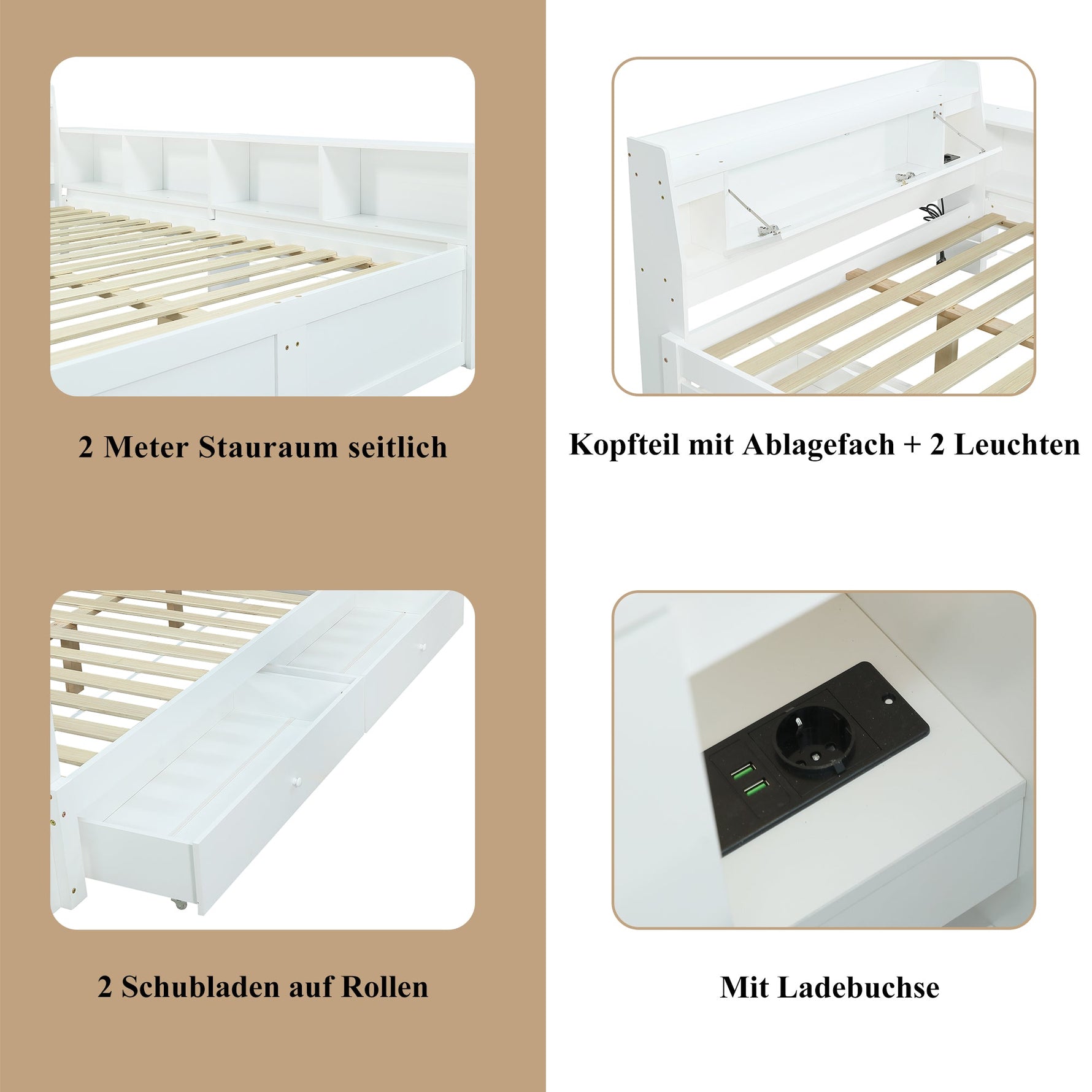 Double Bed Panel Headboard Storage Lights USB Cabinets Drawers Pine+Chipboard+MDF, White, 140x200cm