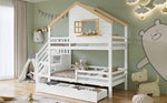 Bunk Bed with Storage Stairs, House Design 90x200cm, Pine/MDF White/Natural
