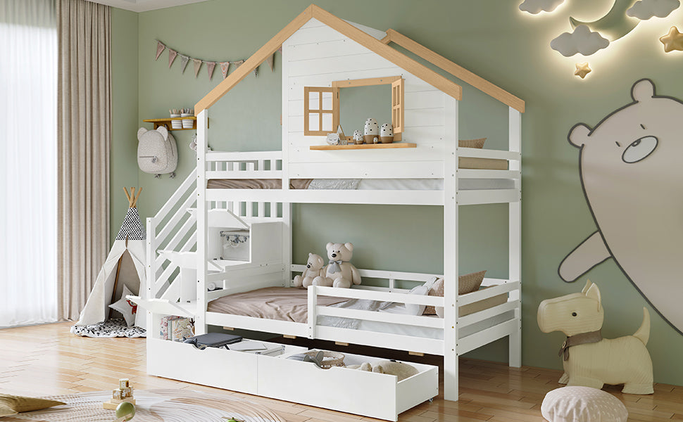 Bunk Bed with Storage Stairs, House Design 90x200cm, Pine/MDF White/Natural