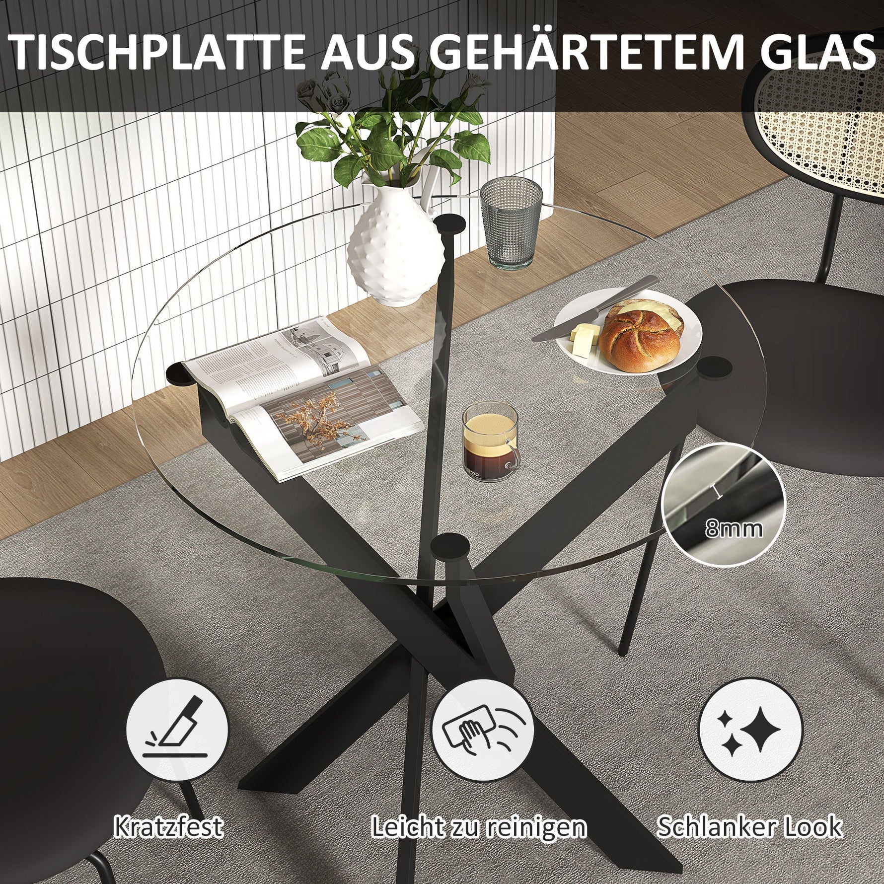 Dining Table, Round for 4 People, Steel Legs, Tempered Glass, Black + Transparent
