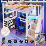Loft Bed 90x200cm with Desk, Drawer & LED - White Metal
