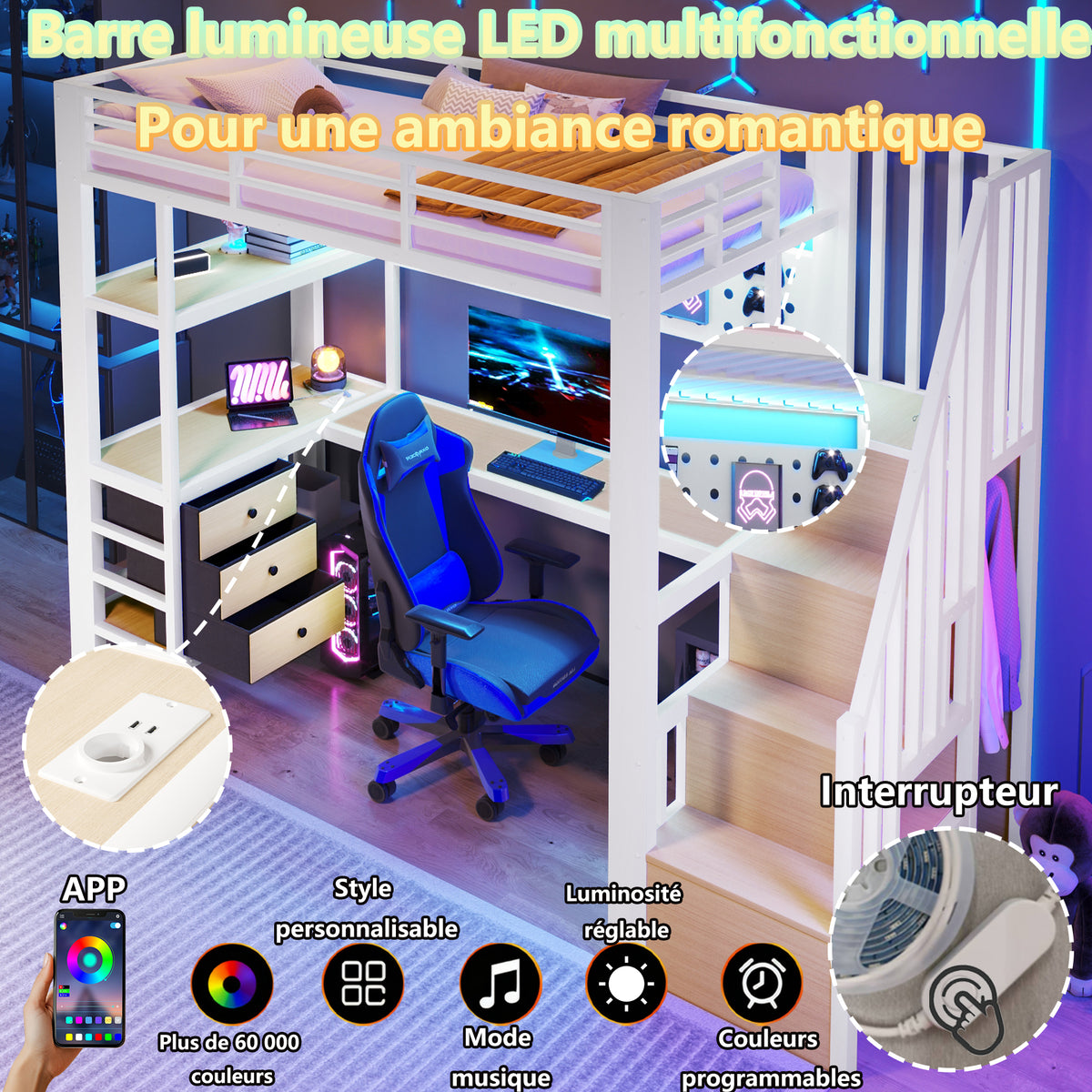 Loft Bed 90x200cm with Desk, Drawer & LED - White Metal