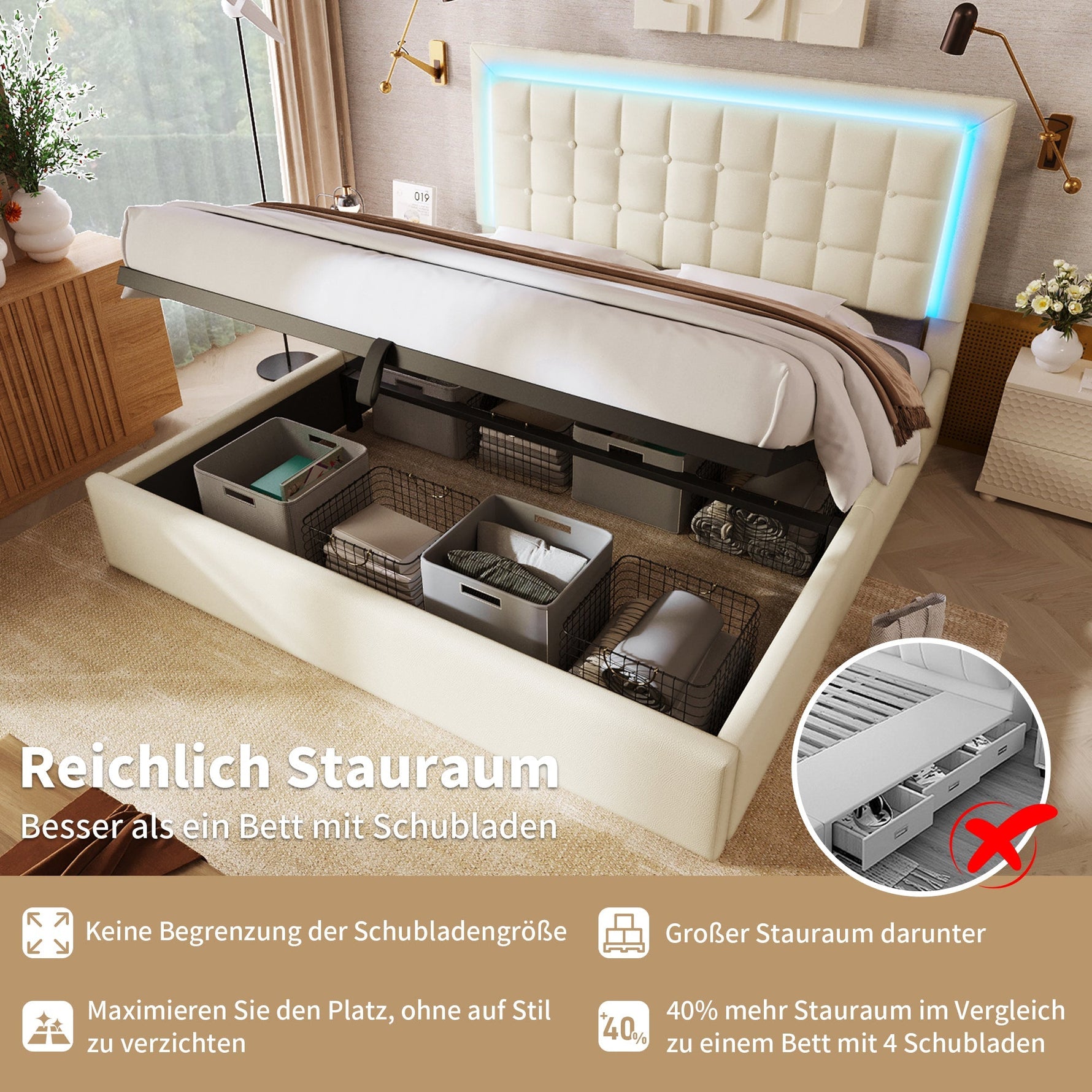 061617AAW Upholstered Double Bed with LED Lighting, Slatted Frame and Storage, 180x200cm, White Faux Leather