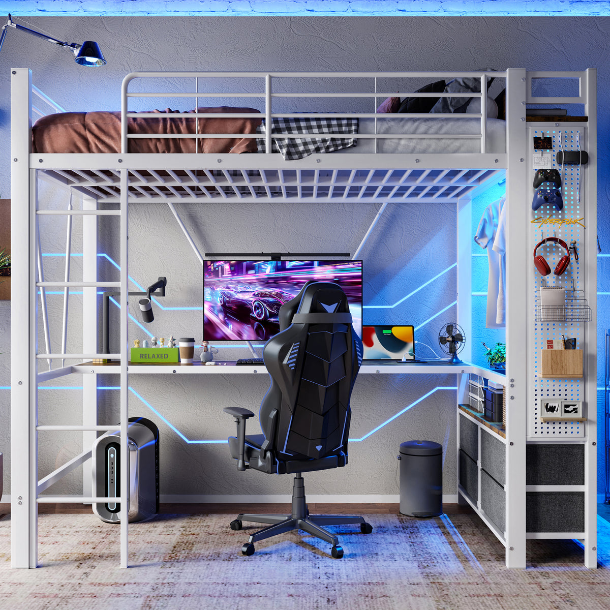 Loft Bed 90x200cm with Desk, Shelves & Drawers, White Iron Frame