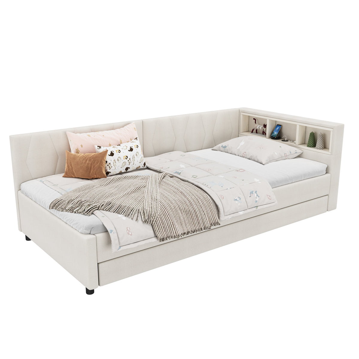 Daybed 90x200cm with Trundle, Storage & LED, Beige Linen