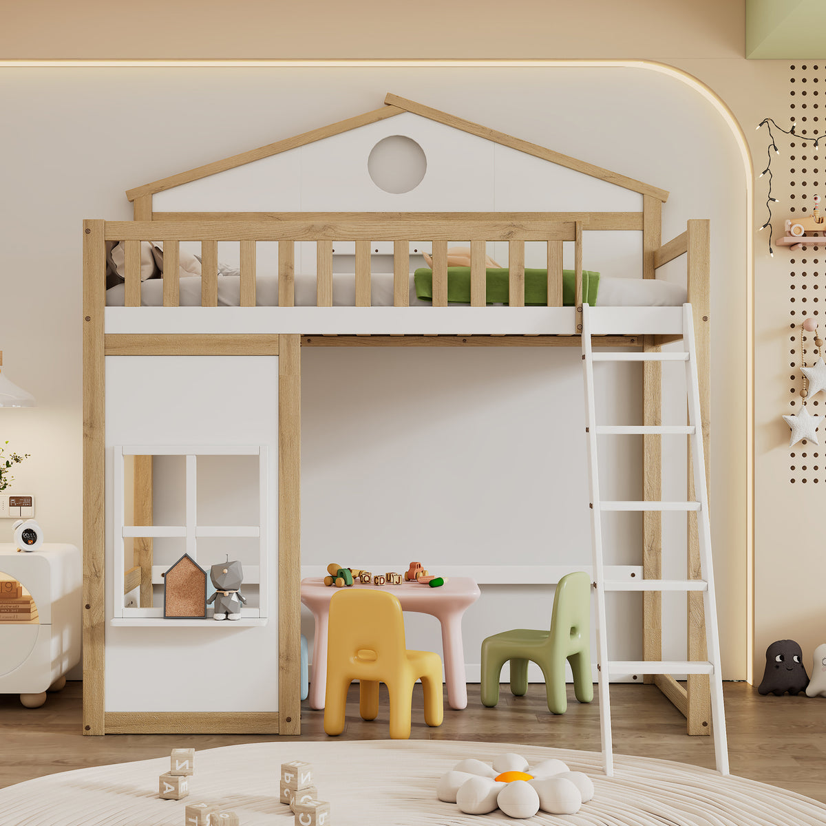 Bunk House Bed with Stairs & Roof 90x200cm, White & Natural