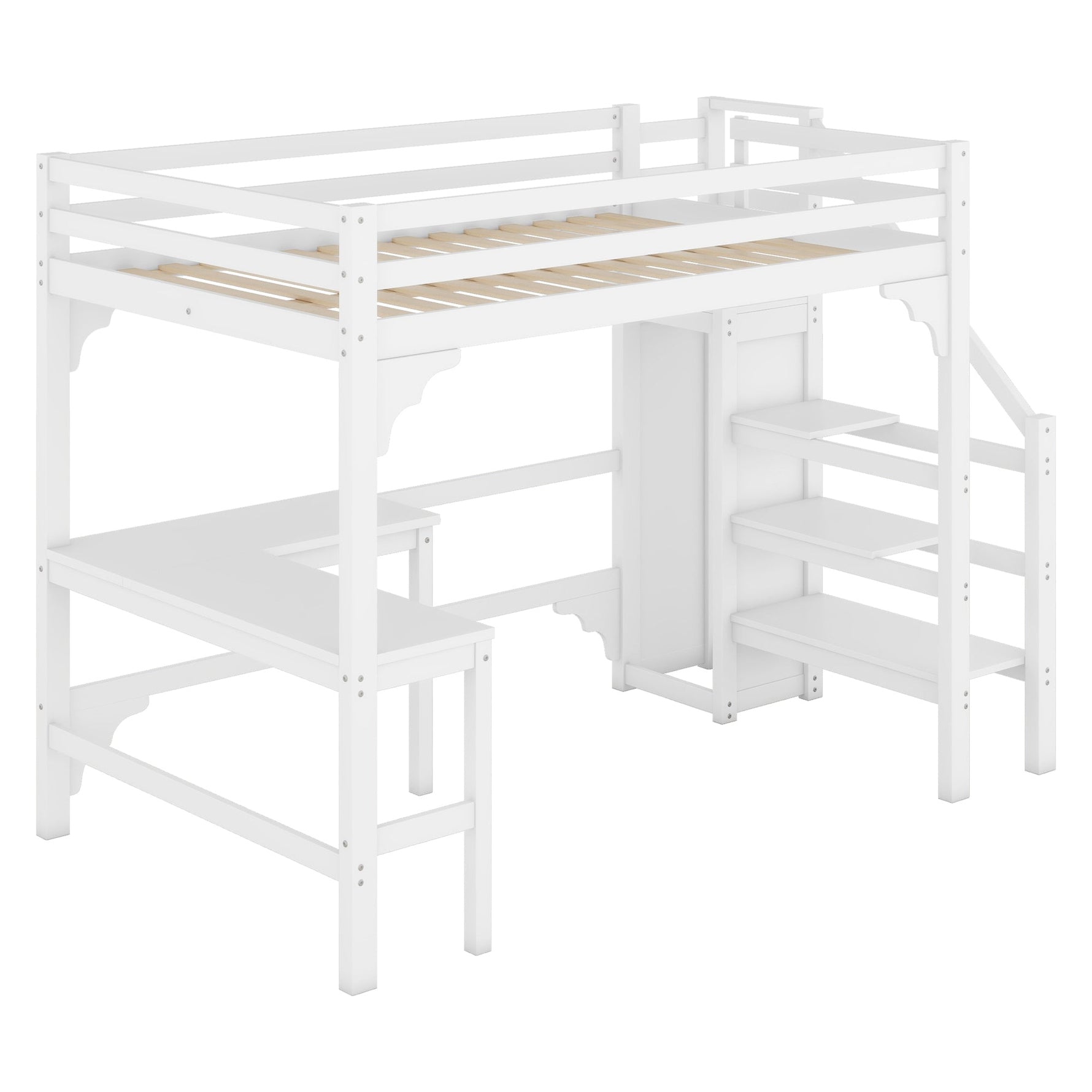 Loft Bed 140x200cm L-Shaped Desk Open Wardrobe Pine Wood White