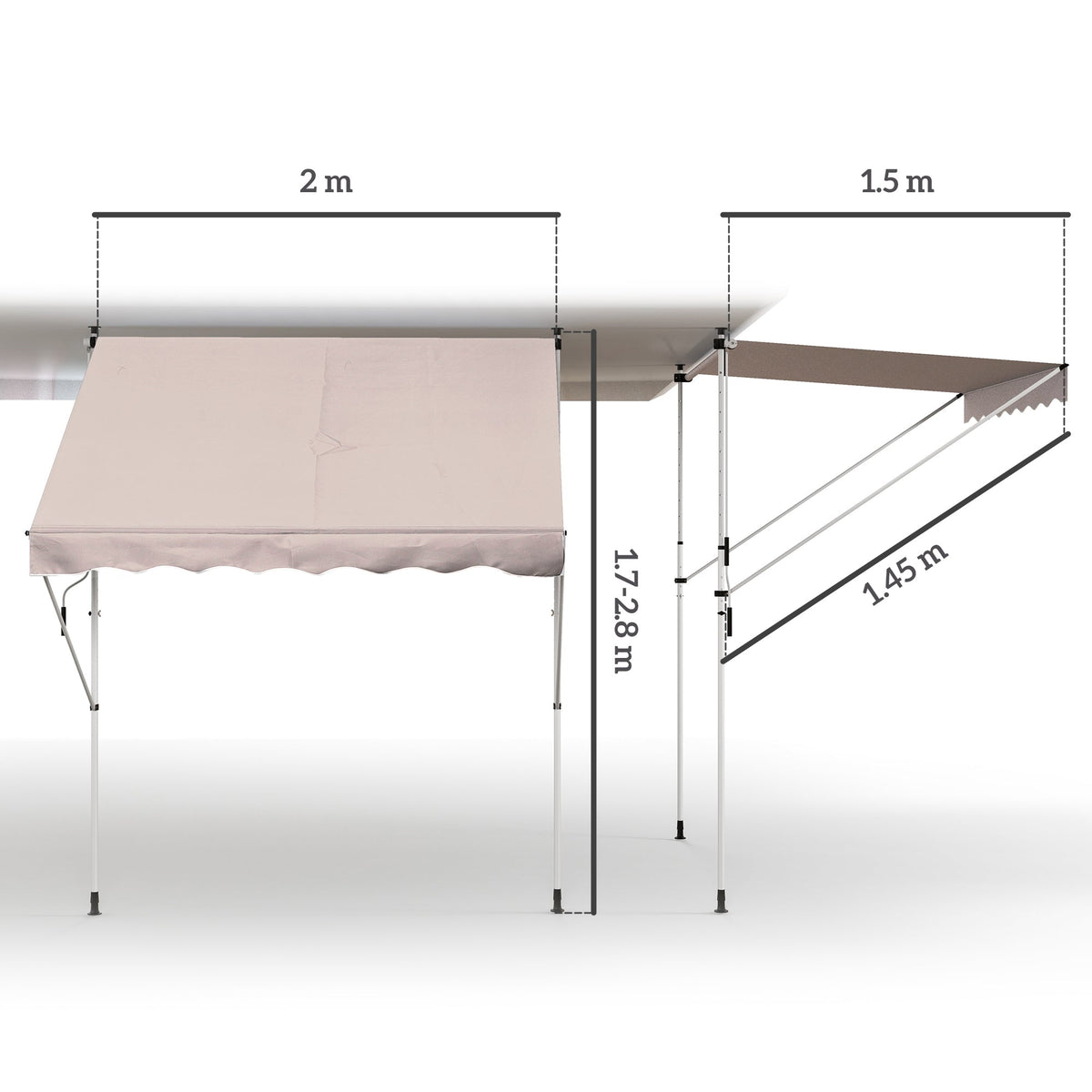 Articulated Arm Awning, Clamp, Height Adjustable 200x150cm, Cream White Aluminum