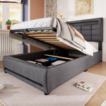 Upholstered Bed with LED Lights, APP Control, Hydraulic Storage and USB Port, Grey Linen