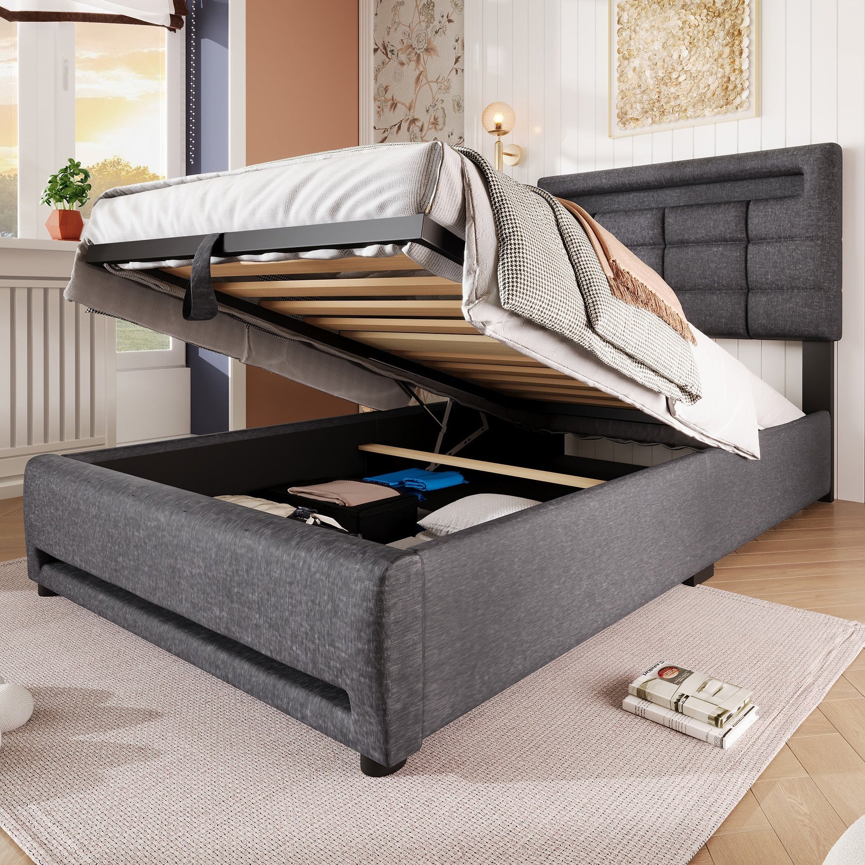 Upholstered Bed with LED Lights, APP Control, Hydraulic Storage and USB Port, Grey Linen