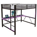 Gaming Metal Loft Bed Frame with LED Lighting, USB Station and Desk, 160x200, Black