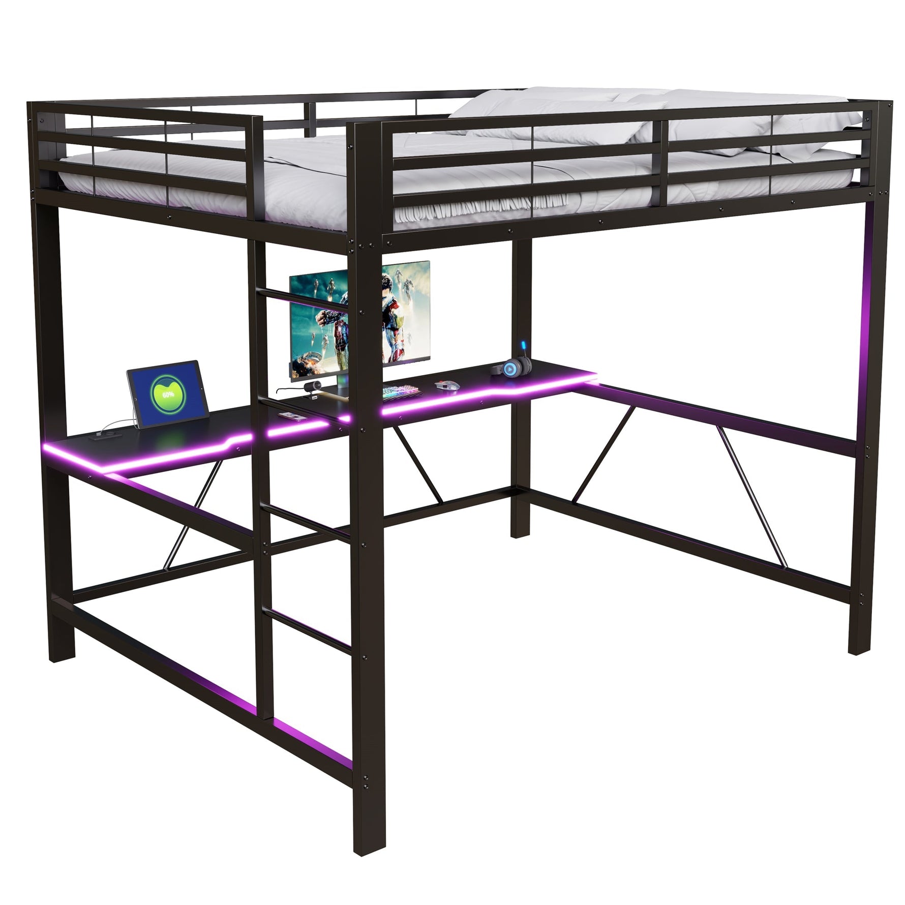 Gaming Metal Loft Bed Frame with LED Lighting, USB Station and Desk, 160x200, Black
