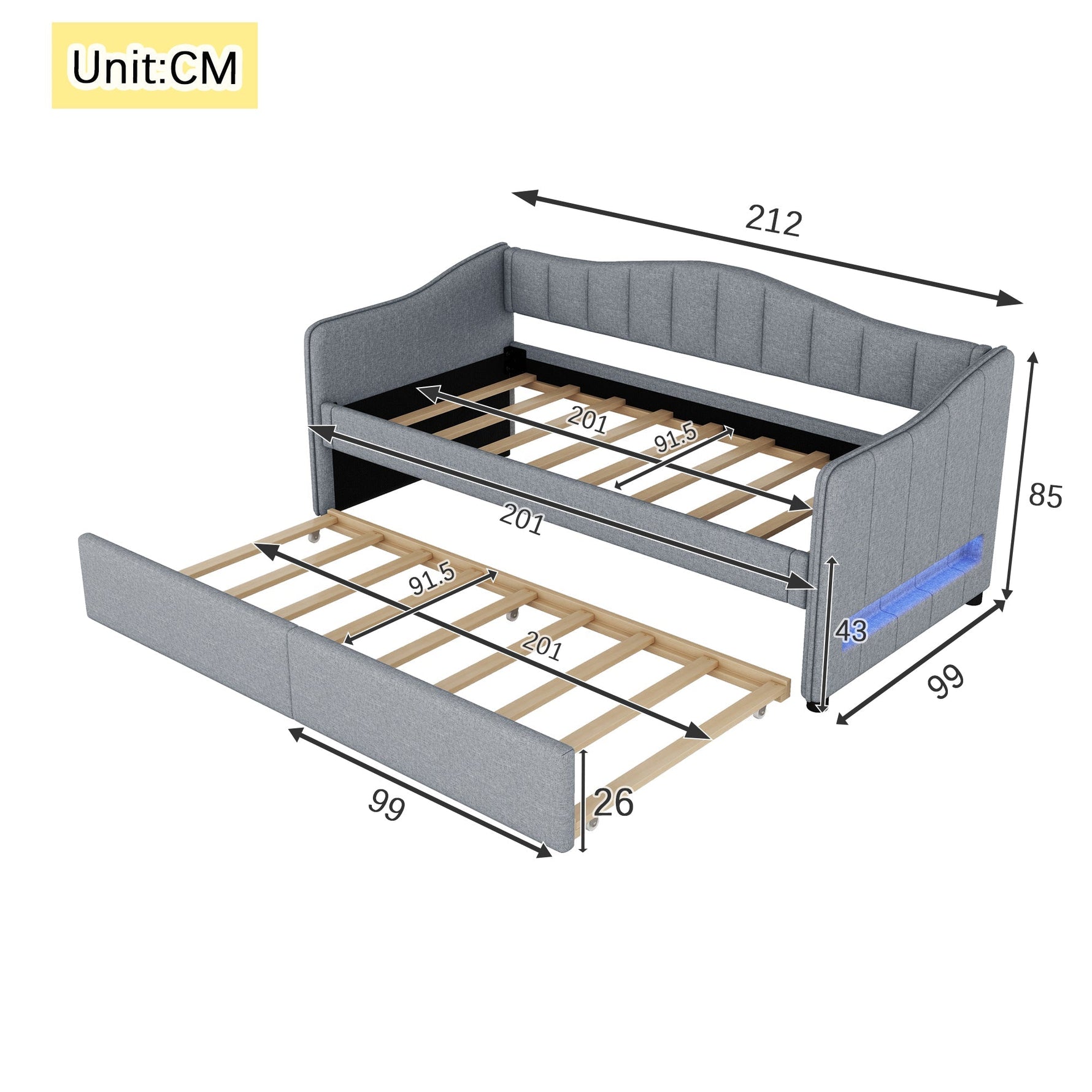 Daybed with Pull-out Bed and LED Ambient Lighting, 90x200cm, Grey Linen
