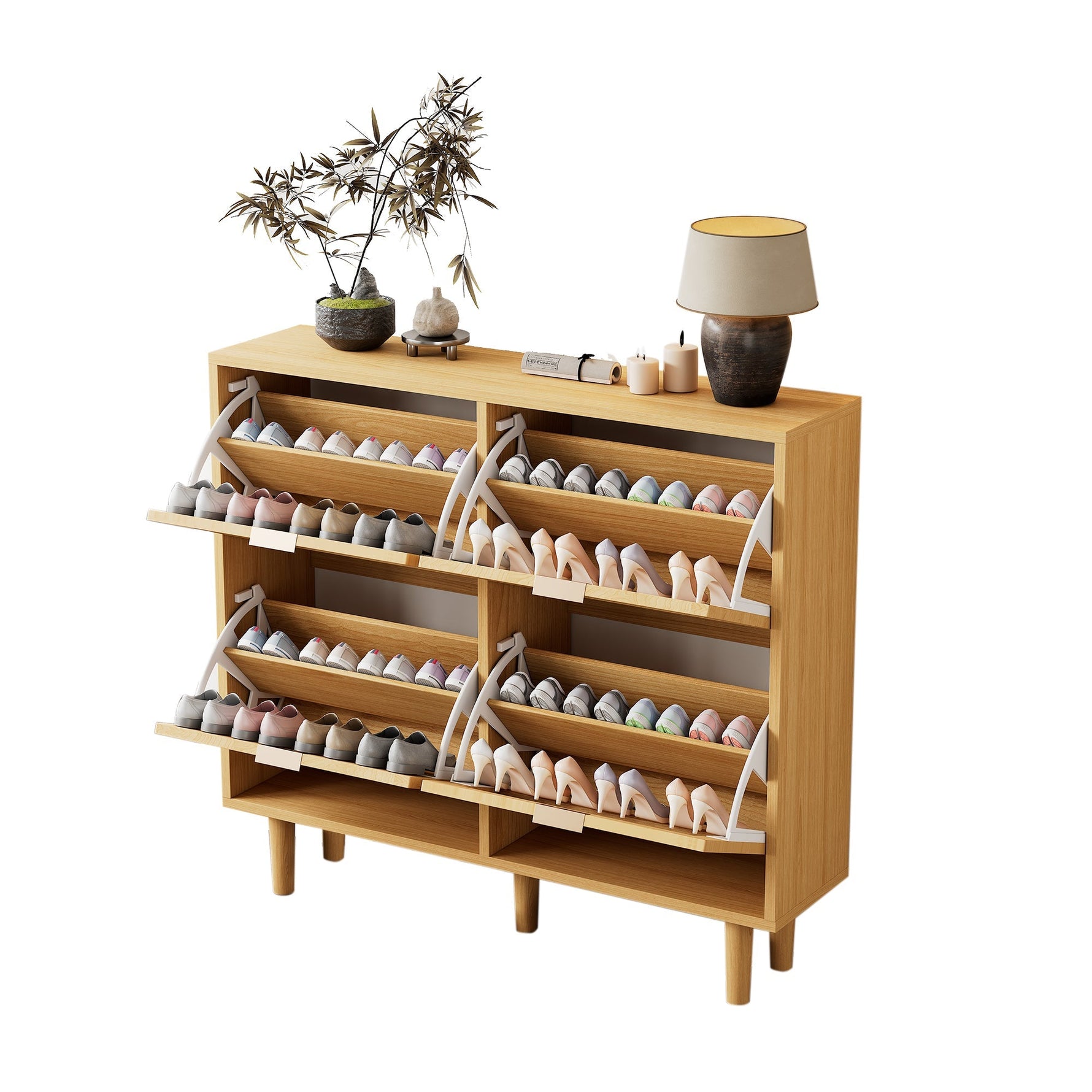 Shoe Cabinet with 4 Folding Drawers, Rattan and Wooden