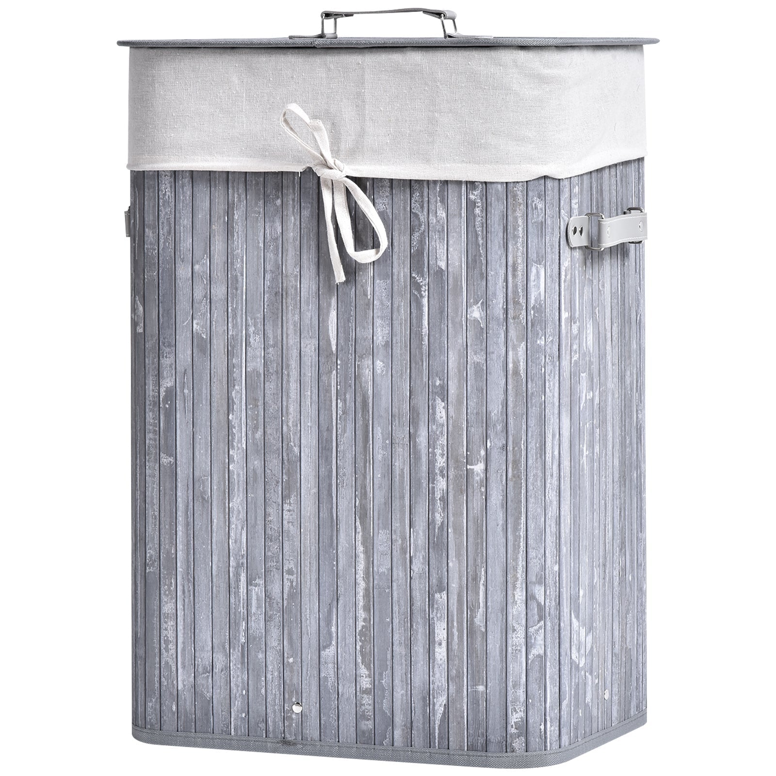 Laundry Basket 72L Foldable with Lid, Bamboo, Grey