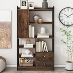 Bookcase, 6-Shelf Industrial Bookcase with Doors & Drawers, Floor to Ceiling, Antique Brown Steel