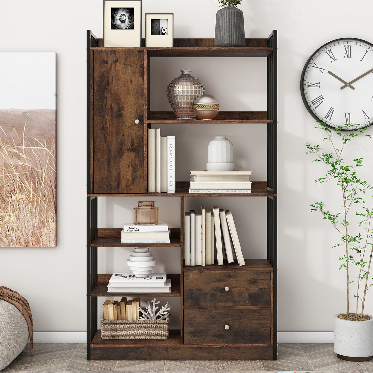 Bookcase, 6-Shelf Industrial Bookcase with Doors & Drawers, Floor to Ceiling, Antique Brown Steel