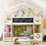 Children's Tree House Bed, Loft Bed with Ladder & Slatted Frames, 90x200 cm, Natural & White