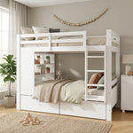Bunk Bed 90x200 cm with 2 Drawers, Shelf & Ladder, White Wood