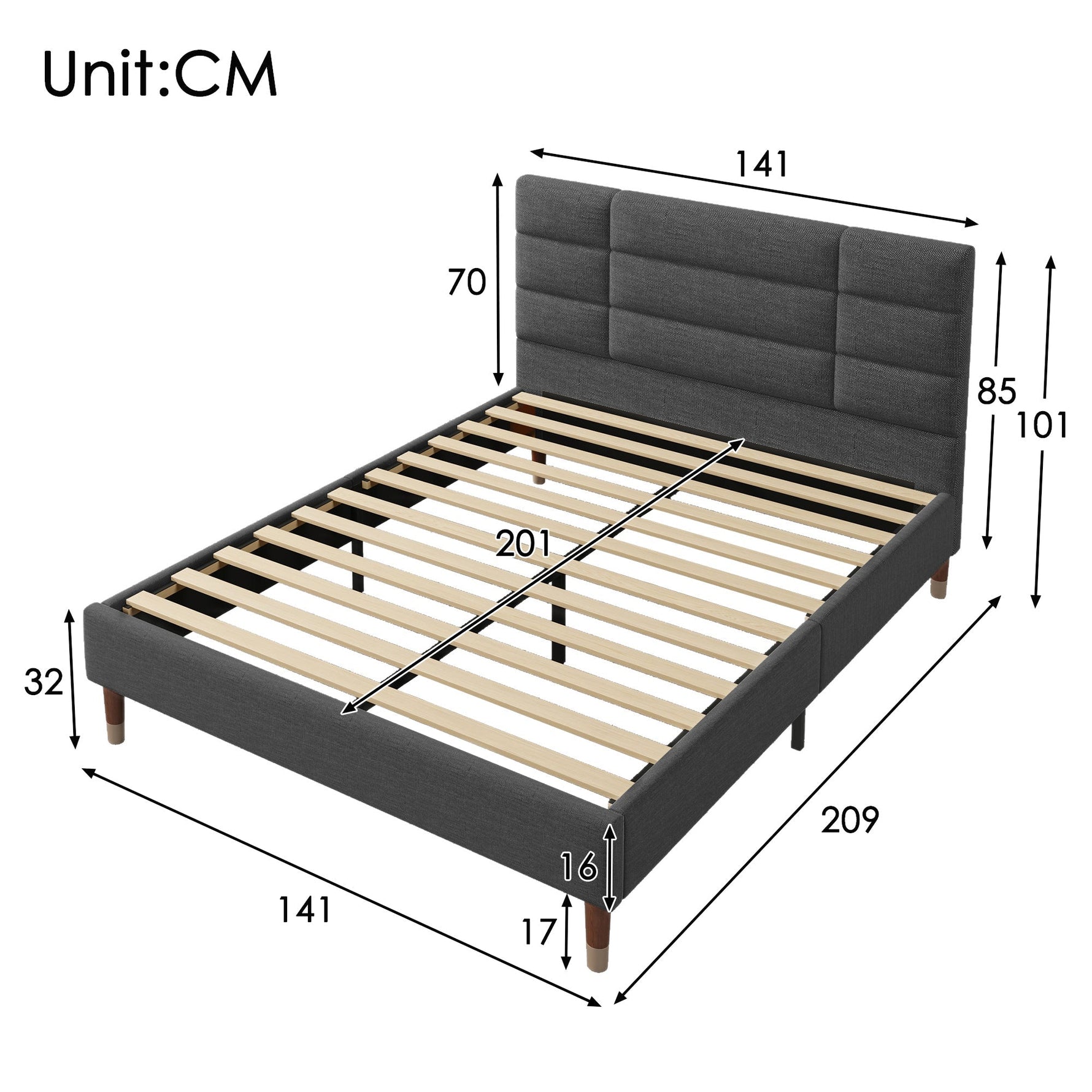 Upholstered bed, double bed with slatted frame 140x200cm, dark grey linen