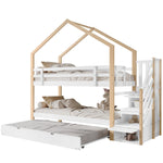 Bunk Bed, Pull-Out Treehouse with Sliding Bed & 3-Drawer Stairs, Natural + White