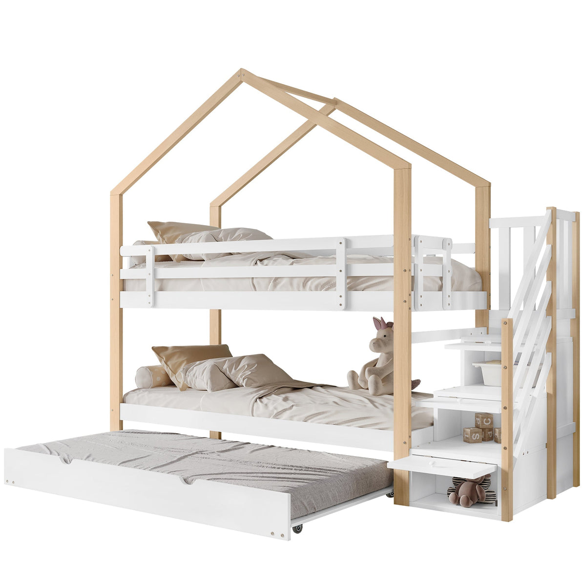 Bunk Bed, Pull-Out Treehouse with Sliding Bed & 3-Drawer Stairs, Natural + White