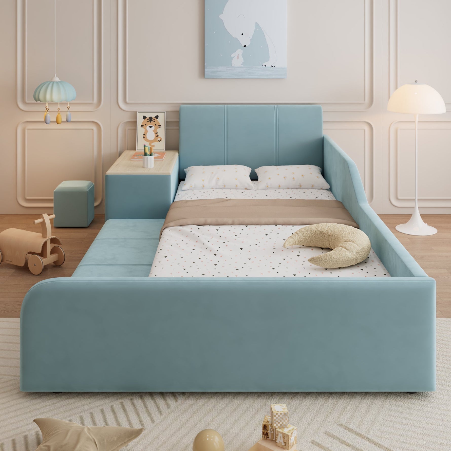Upholstered Single Bed, Desk Stool Storage Headboard 90x200cm, Blue Velvet